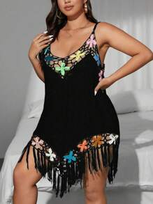 SHEIN Swim Curve Plus Size Women's Handmade Crochet & Woven Patchwork Sleeveless Coverup Dress,Skirts ,Suit, Swim,Vacation Outfits Woman For Summer - Black - View 5