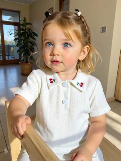 Souflis Souflis Infant & Baby Girl Soft Knit Jacquard Hollow Out Fabric Cute Peter Pan Collar Delicate Cherry Embroidery Half Placket French Sweet Fashionable Adorable Fresh POLO Shirt, Summer Baby Summer Clothes Girl Baby Shirts For Girls Cute Baby Clothes Girl Baby Girl High Quality Clothing