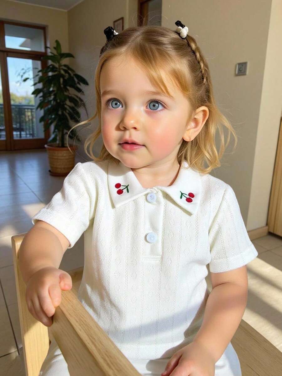 Souflis Souflis Infant & Baby Girl Soft Knit Jacquard Hollow Out Fabric Cute Peter Pan Collar Delicate Cherry Embroidery Half Placket French Sweet Fashionable Adorable Fresh POLO Shirt, Summer Baby Summer Clothes Girl Baby Shirts For Girls Cute Baby Clothes Girl Baby Girl High Quality Clothing - White - View 1