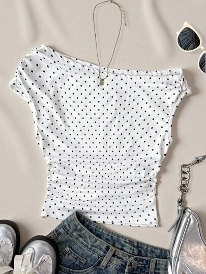 Teen Girls White Knit Casual Polka Dot Print Asymmetric Rouched Cropped Top, Suitable For Spring/Summer, Casual, Personalized Styling, Daily Wear