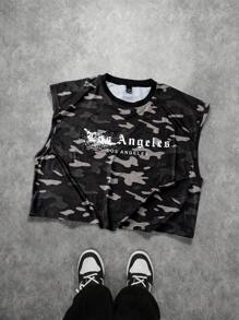 Manfinity EMRG Men's Letter & Camouflage Print Round Neck Casual Tank Top Men Camouflage Tshirt Los Angeles T Shirt Men S Camo