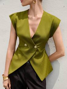 Aveloria Modichic New French Elegant Simple Commuting Versatile Rigorous Luxurious V-Neck Broad Shoulder Design Waist Ruched Slim-Fit Sleeveless Thin Blazer For Ladies - Army Green - View 7