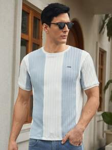 Manfinity NXTstreet T-shirt décontracté à manches courtes ample avec patchwork et rayures, pour l'été - Blanc - Voir 1