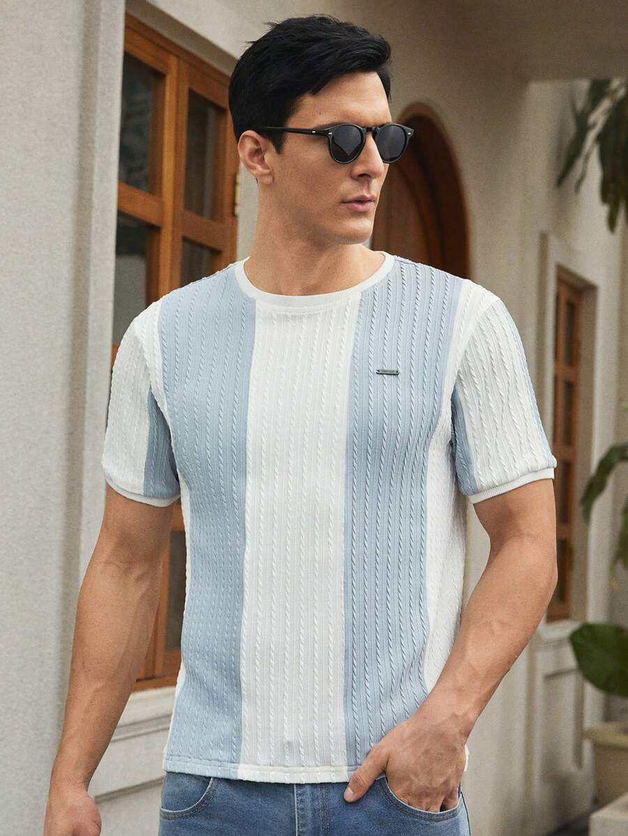 Manfinity NXTstreet T-shirt décontracté à manches courtes ample avec patchwork et rayures, pour l'été - Blanc - Voir 1