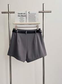 Pantalones cortos sólidos de mujer con bolsillos plisados, sueltos y versátiles - Gris - Ver 2