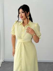 SHEIN Clasi 大码女式夏季纯色泡泡袖单排扣腰交叉衬衫裙 - 黃色 - 查看 7