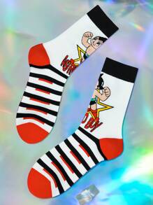 Astro Boy X SHEIN 2 Paar weiche und atmungsaktive Damen Gestreifter Crew Socken, verstärkte Zehenpartie und Ferse für Haltbarkeit, geeignet für alle Jahreszeiten