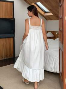 Dazy Plus Plus Size Contrast Lace White Spaghetti Strap Nightgown ,Vacation Pajama