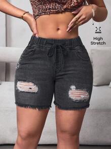 SHEIN SXY Short Denim Skinny Casual Destroyed Lavado - Cinza Claro - Visão 7