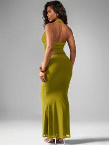 MISSGUIDED Bộ trang phục dạ hội thanh lịch gồm áo cổ yếm, váy maxi, phối hợp họa tiết hoa, trang phục dự tiệc tối, Giáng sinh - màu xanh lá - Xem 2