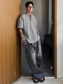 DAZY Men's Solid Color 1/3 Zip Neck T-Shirt, Gray Textured Fabric, Summer - Grey - View 5