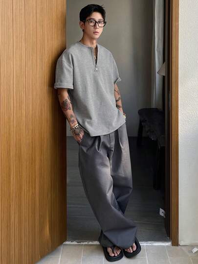DAZY 男士纯色 1/3 领拉链 T 恤，灰色纹理面料，夏季