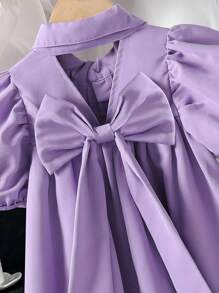 Wildeya Vestido casual lindo de manga corta abultada con moño decorativo y unicolor para niña