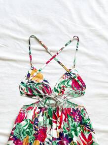 Soleia Women's Tropical Plant Print Spaghetti Strap Backless Tie Waist Rompers - Multicolor - View 6