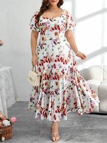 Modelyn Plus Size Long Spring/Summer Rhinestone Ruffle Hem Romantic Floral Print A-Line Elegant Maxi Dress - Multicolor - View 7
