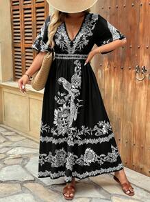 Breezaya 女式休闲度假 V 领印花高腰喇叭中长连衣裙，3/4 袖 - 黑色 - 查看 5