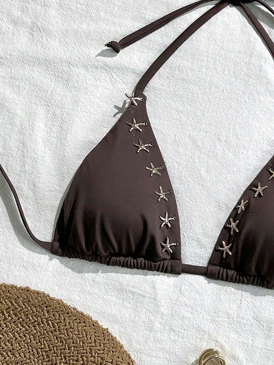 Swim Vcay Women's Solid Color Backless Halter Swimwear Top With Starfish Decor, Suitable For Beach Vacation For Summer