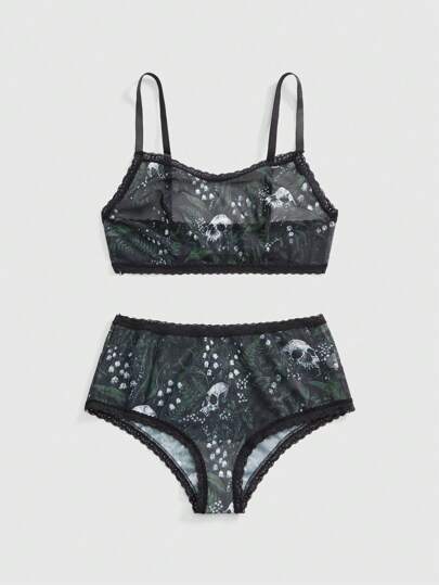 Fairycore Botanical & Skeleton Print Mesh Lace Patchwork Sexy Lingerie Set For Women
