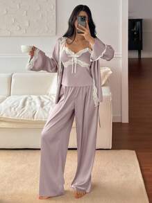 DAZY 3件套缎面蕾丝拼接睡袍、吊带背心和休闲裤女士睡衣套装，秋冬服装 - 淺粉色 - 查看 1