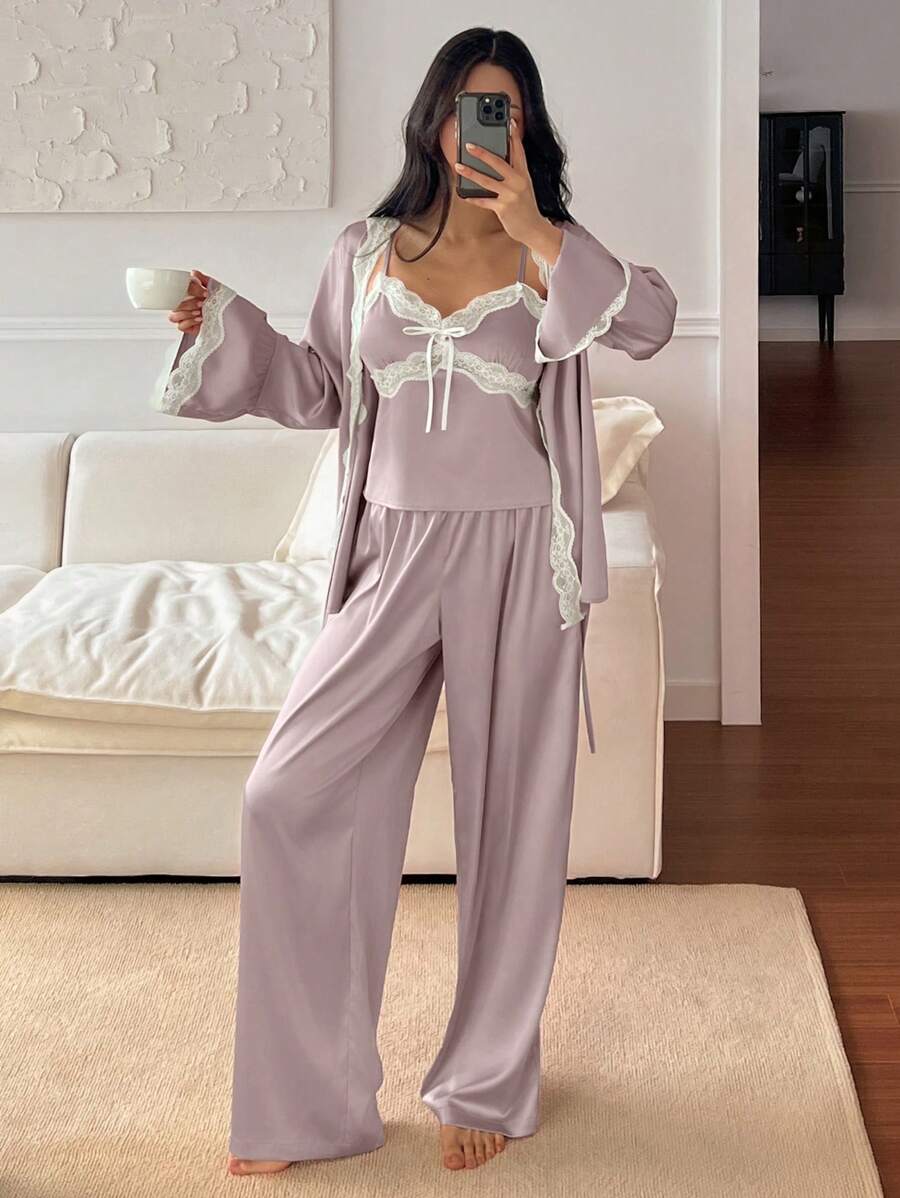 DAZY 3件套缎面蕾丝拼接睡袍、吊带背心和休闲裤女士睡衣套装，秋冬服装 - 淺粉色 - 查看 1