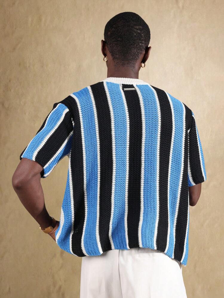 Retro Striped Relaxed Fit Short Sleeve Knitted Pullover