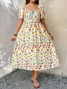 Breezaya Plus Size Women Square Neck Floral Print Maxi Dress, Casual Summer Dress For Vacation, Outdoor, Picnic, Party, Puff Sleeve
