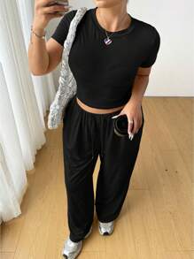 Flirla Set de 2 piezas: Top de punto de cuello redondo informal y pantalones anchos de cintura alta para mujer, conjunto de verano