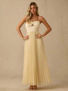 Enchnt 春夏浪漫女士奶油黄缎面甜心领细肩带镂空设计褶皱下摆公主长裙，甜美优雅，适合度假、约会、节日、派对、毕业典礼、婚礼嘉宾、海滩和宴会，舞会礼服，女士夏季连衣裙，女士太阳裙，夏季服装，优雅的派对礼服奶油黄连衣裙 - 黃色 - 查看 6