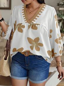 SHEIN Clasi 大码随机花卉印花度假休闲衬衫 - 卡其色 - 查看 4