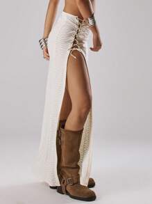 MUSERA 纹理系带侧边长裙，适合夏季、假日、度假、伊比沙岛、音乐节、锐舞派对，展现酷女孩的时尚优雅风范。 - 奶油色 - 查看 3