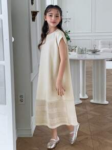 Hapijoa Tween Girls' Casual Solid Color Dress, Summer - Beige - View 3