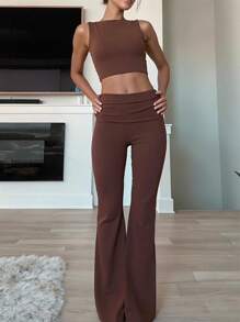 INAWLY Solva 女士夏季性感纯色露背短款上衣和喇叭裤套装 - 咖啡棕 - 查看 6