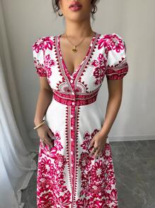 Elenzga Nuevo vestido de tela estampado con cuello en V, manga abultada y cierre en la cintura para mujeres, elegante y estilizador, adecuado para el estilo de Oriente Medio