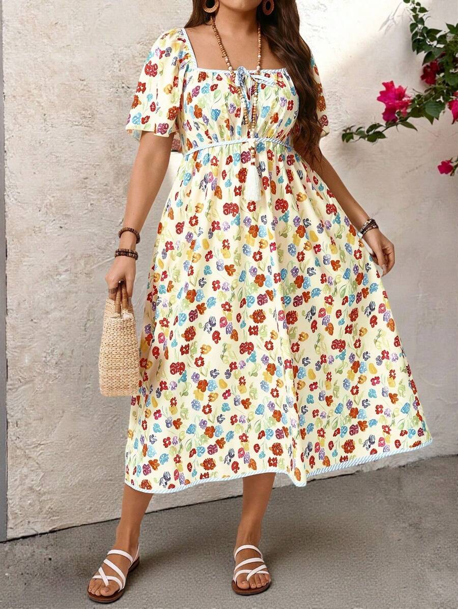 Breezaya Plus Size Women Square Neck Floral Print Maxi Dress, Casual Summer Dress For Vacation, Outdoor, Picnic, Party, Puff Sleeve