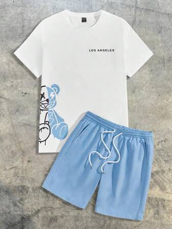 Guys Bear & Letter Graphic Tee & Drawstring Waist Shorts