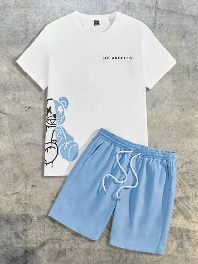 AXEPEAK Herrtröja med björnmotiv och bokstäver samt shorts med dragsko i midjan – sommaroutfit, streetwear-redo, mysiga outfits, parkläder