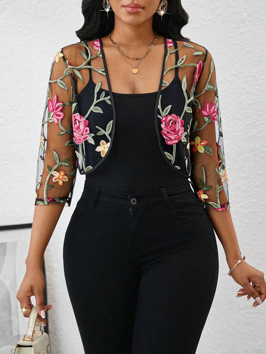 SHEIN Lady Damen Große Größen Blumen gestickte Mesh Langarm Jacke mit offenem Vorderteil, elegant für Herbst/Winter - Verschiedenfarbig - Übersicht 1