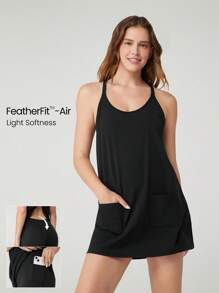 GLOWMODE FeatherFit™-Air All-Day Play Sweat-Wicking Quick-Dry Peekaboo Adjustable Round-Neck Dress With Built-In Shorts Side Pockets Non-Slip Grips Low Impact Yoga Pilates Studio Daily Casual Wear Removable Cups - Black - View 1