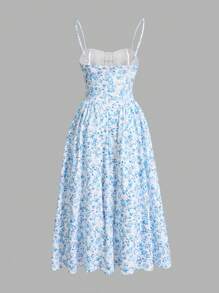 Sweetina Váy suông dài chấm đất họa tiết hoa nhỏ xinh xắn cho kỳ nghỉ xuân hè màu vàng - Màu xanh nhạt - Xem 2