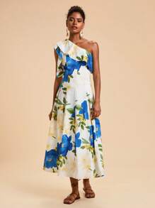 Travachic 女士花卉印花荷叶边单肩度假优雅连衣裙，度假，婚礼宾客 - 彩色 - 查看 2