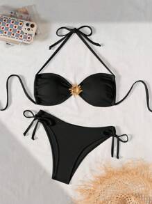 Swim Basics Metal Buckle Decor Textured Fabric Bikini Set For Summer Beach Vacation - Black - View 1