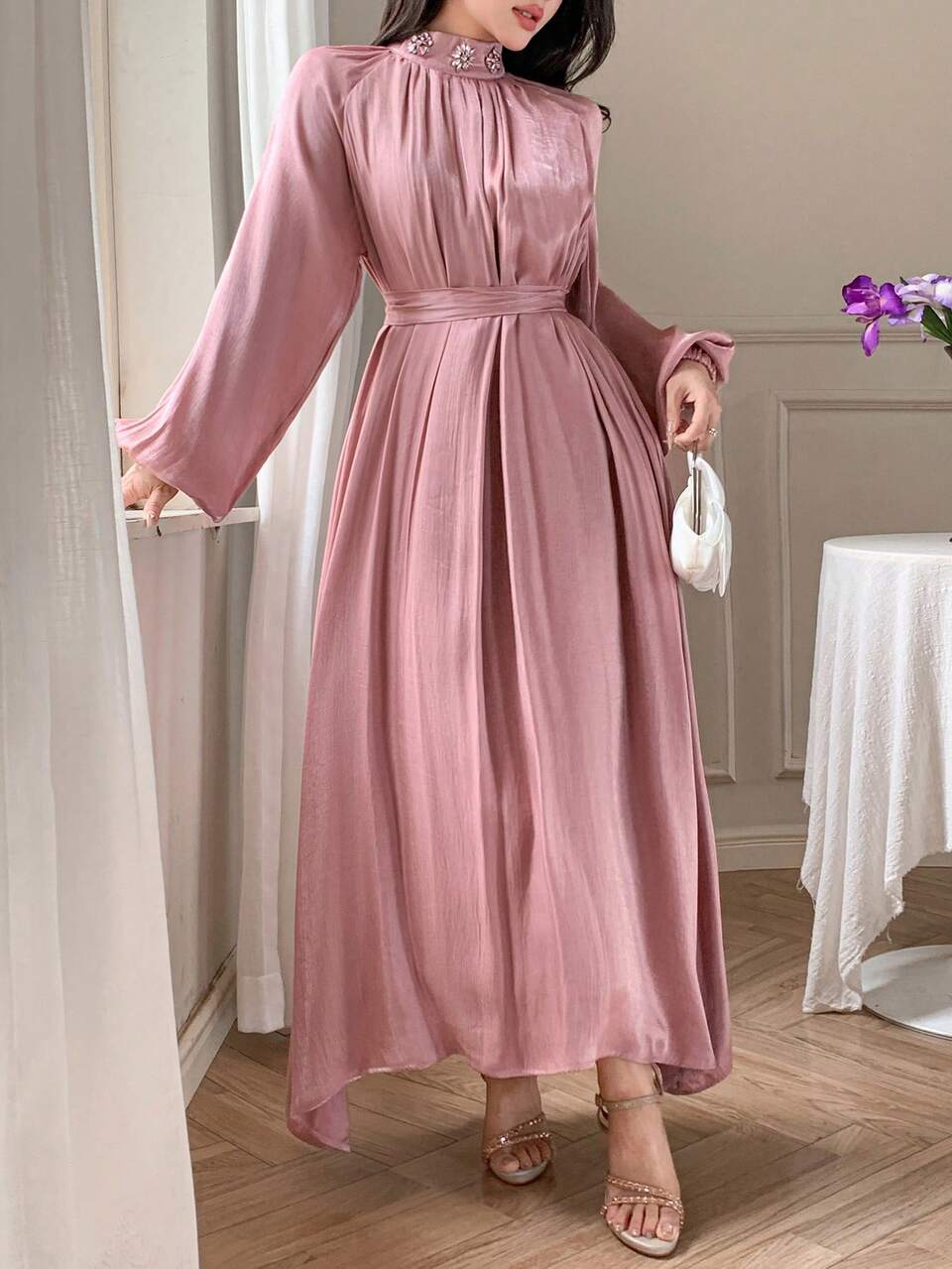Women's Stand Collar Wedding Banquet Party Dress, Sequins & Beads Floral Decor, A-Line Waist Belt Dress,Fall Dress Long Sleeve Dress
