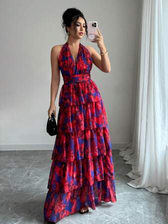 Rafferiza 优雅露背无袖修身花卉印花连衣裙，春夏