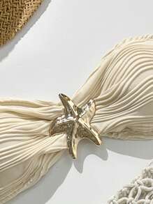 Swim Vcay 2 件套女士夏季纯色提花面料金属装饰抹胸式分体泳衣套装，海滩度假比基尼 - 杏色 - 查看 4