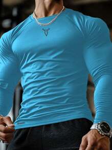 Manfinity Sport Corelite 1pc Boyfriend Style Men's Slim Fit Bull Head Print Long Sleeve Sports T-Shirt Fitted Shirt Navy Blue Crew Neck