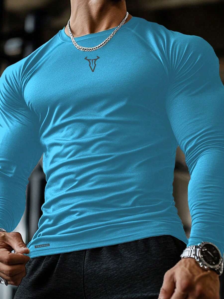 Manfinity Sport Corelite 1pc Boyfriend Style Men's Slim Fit Bull Head Print Long Sleeve Sports T-Shirt Fitted Shirt Navy Blue Crew Neck