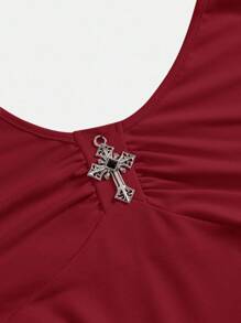 ROMWE J-Fashion Plus Size Women Punk Cross Decor Multi-Layer Halter Mini Dress - Burgundy - View 3