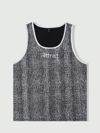Men's Street Life Snake Skin Pattern Letter Print Rimmed Crew Neck Tank Top, Halloween