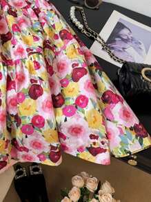 SHEIN VCAY 女士红色和粉色花卉绘画优雅 A 字裙，春季花园主题 - 彩色 - 查看 3