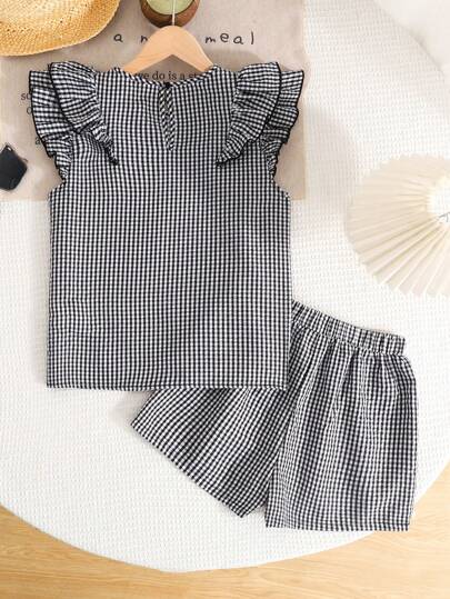 SHEIN LMoss Kids Conjunto de 2 piezas informal para niña preadolescente con blusa holgada de cuello redondo y volantes y pantalones, minimalista y cómodo